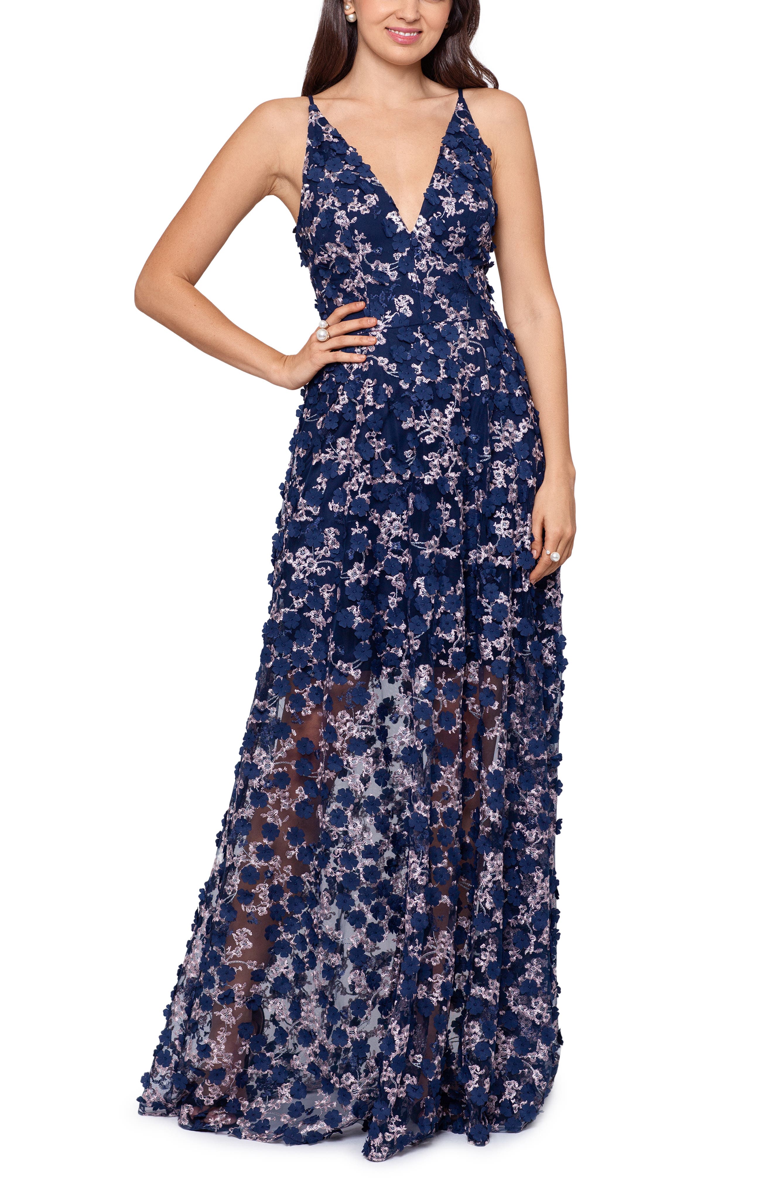 Xscape 3D Floral Sleeveless Gown ...
